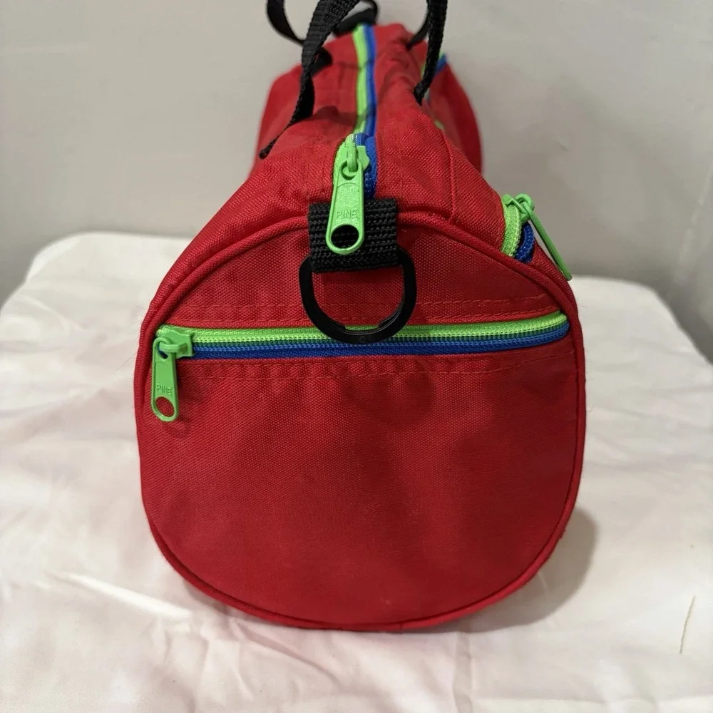 Vintage Land's End Red duffle bag small Vinyl 90s Green Blue Zipper 12